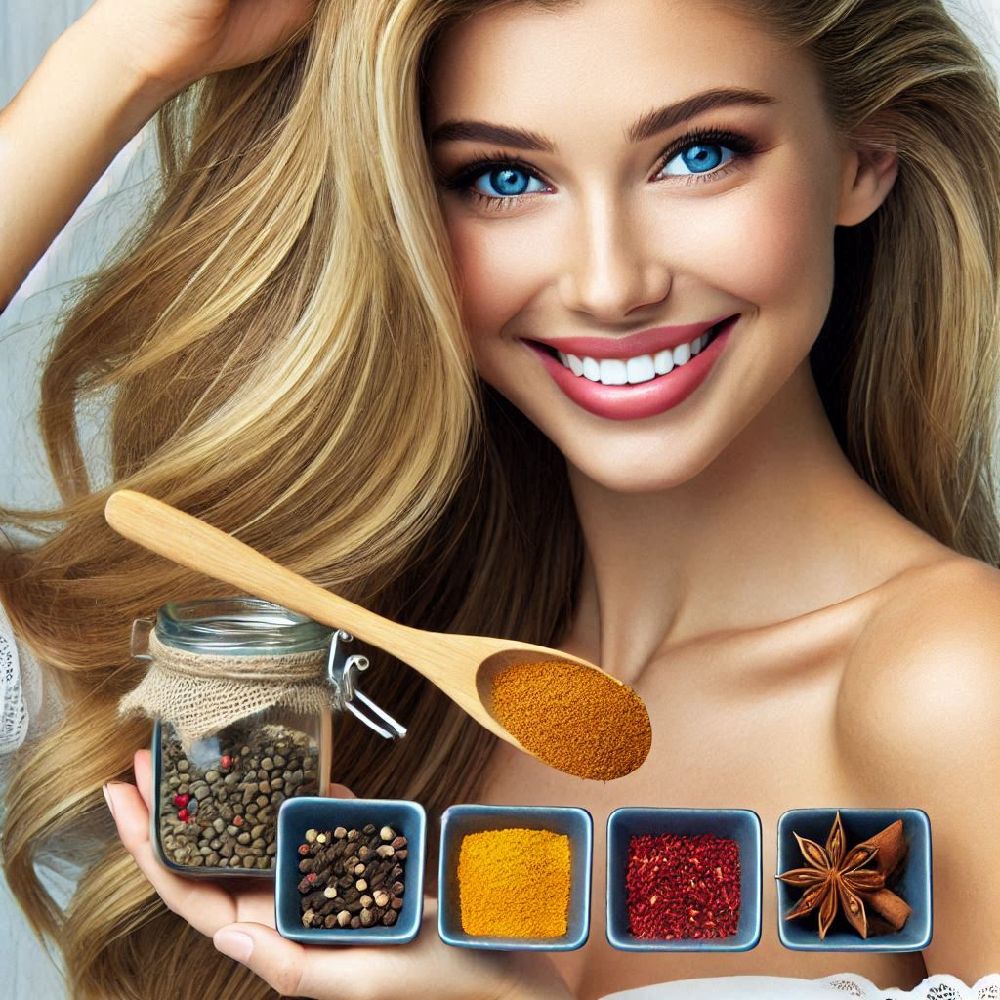 A cheerful woman with thick, voluminous hair applies a cinnamon-infused hair treatment. The warming spice is packed with antioxidants that help maintain scalp health, promoting stronger and more vibrant hair. With her glowing smile, she embodies the benefits of using spices for healthy, full-bodied hair.